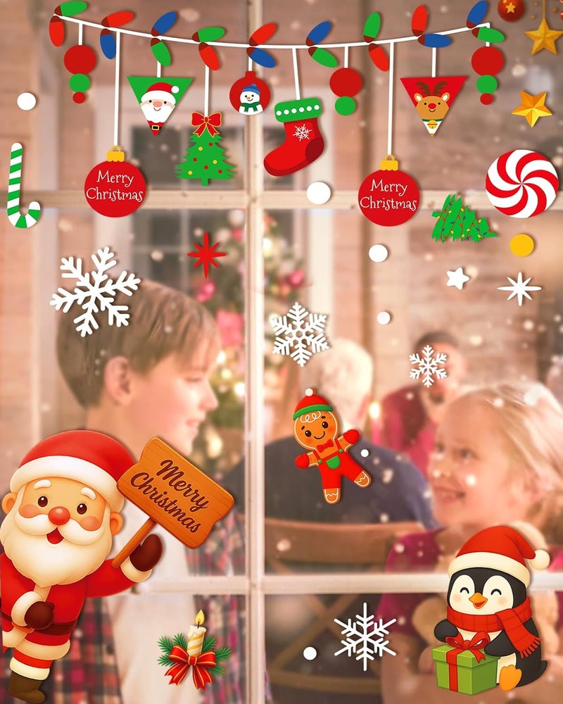 JMHACHY Christmas Window Clings - 9 Sheets 162 Pcs Cute Xmas Decorations for Winter Holiday Home Party Santa Reindeer Snowman Gingerbread Snowflake Stickers for Glass Double-Sided Static Window Decals - Image 5